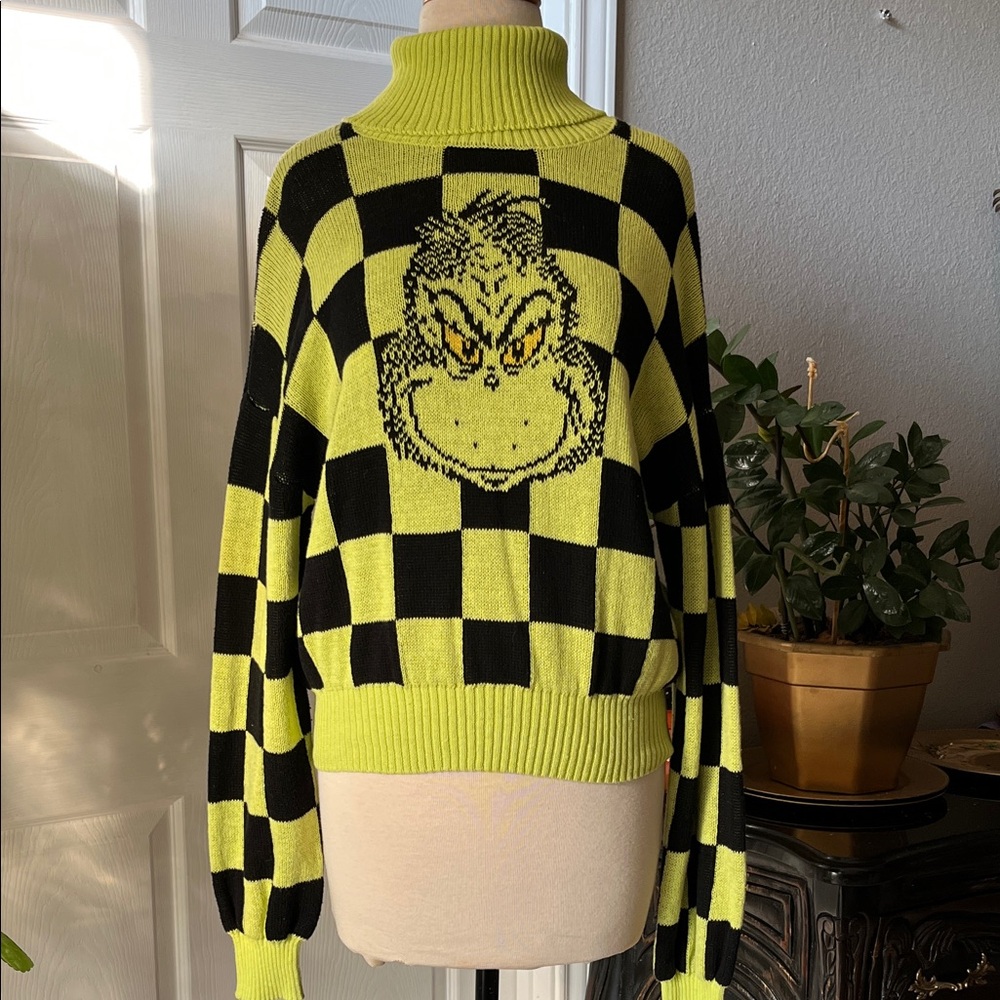 Forever 21 Black and Green Grinch Checkered Turtleneck Sweater